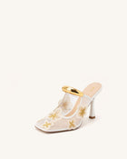 Mireille Pierced Floral Embroidered Appliqué Mesh Mules - Ivory
