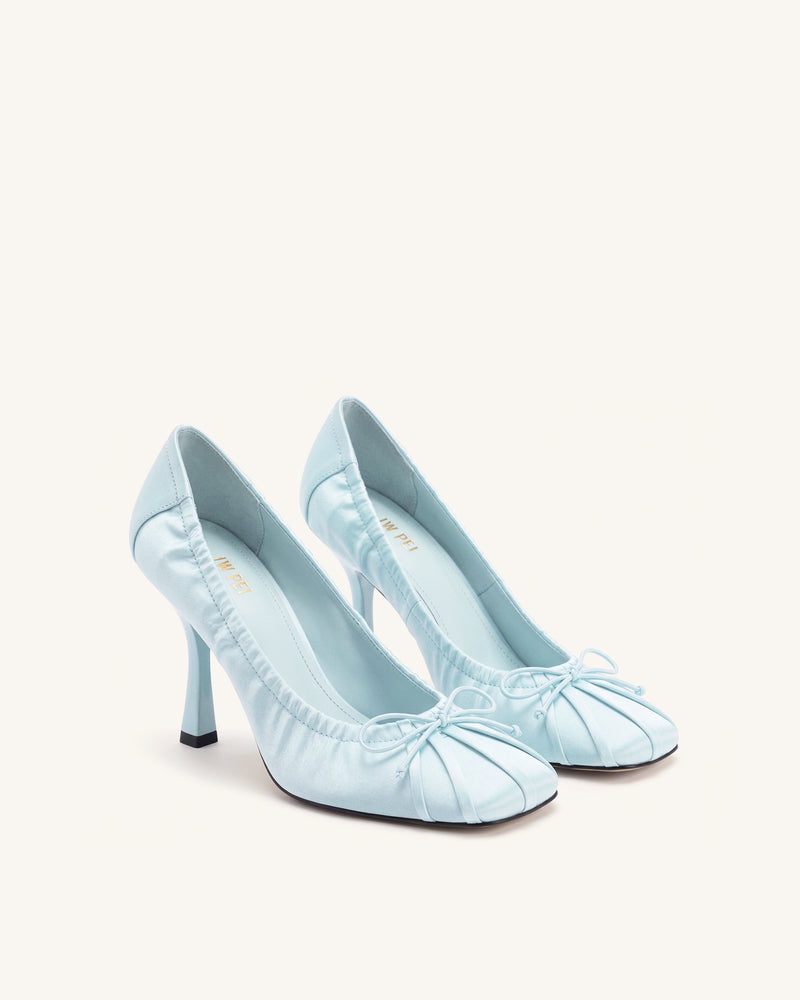Solenne Satin Bow Ruched Pumps - Blue