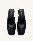 Solenne Satin Bow Ruched Mules - Black