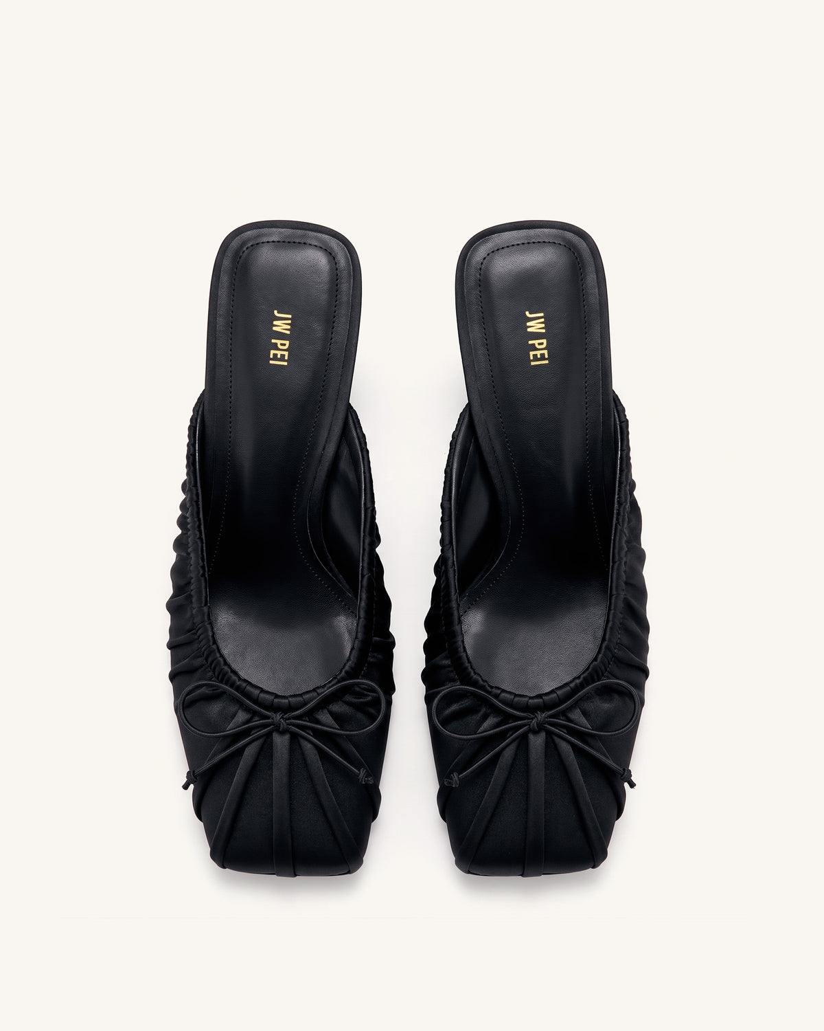 Solenne Satin Bow Ruched Mules - Black