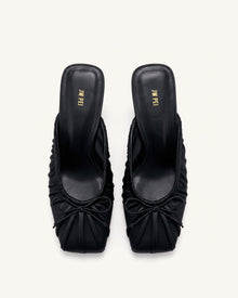 Solenne Satin Bow Ruched Mules - Black