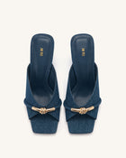 Lena Metal Rope Knot Denim Cross-Strap Heeled Sandals - Denim Blue