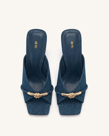 Lena Metal Rope Knot Denim Cross-Strap Heeled Sandals - Denim Blue