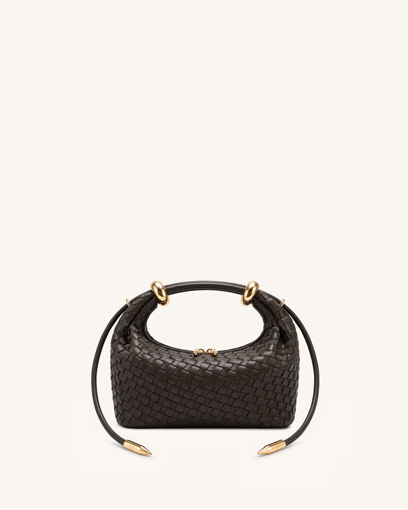 Ellie Woven Metal Ring Embellished Top Handle Bag - Dark Brown