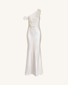 Floral Appliqué One Shoulder Sheath Maxi Dress - Ivory