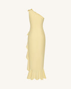 Floral Appliqué One Shoulder Ruffle Slit  Dress - Yellow