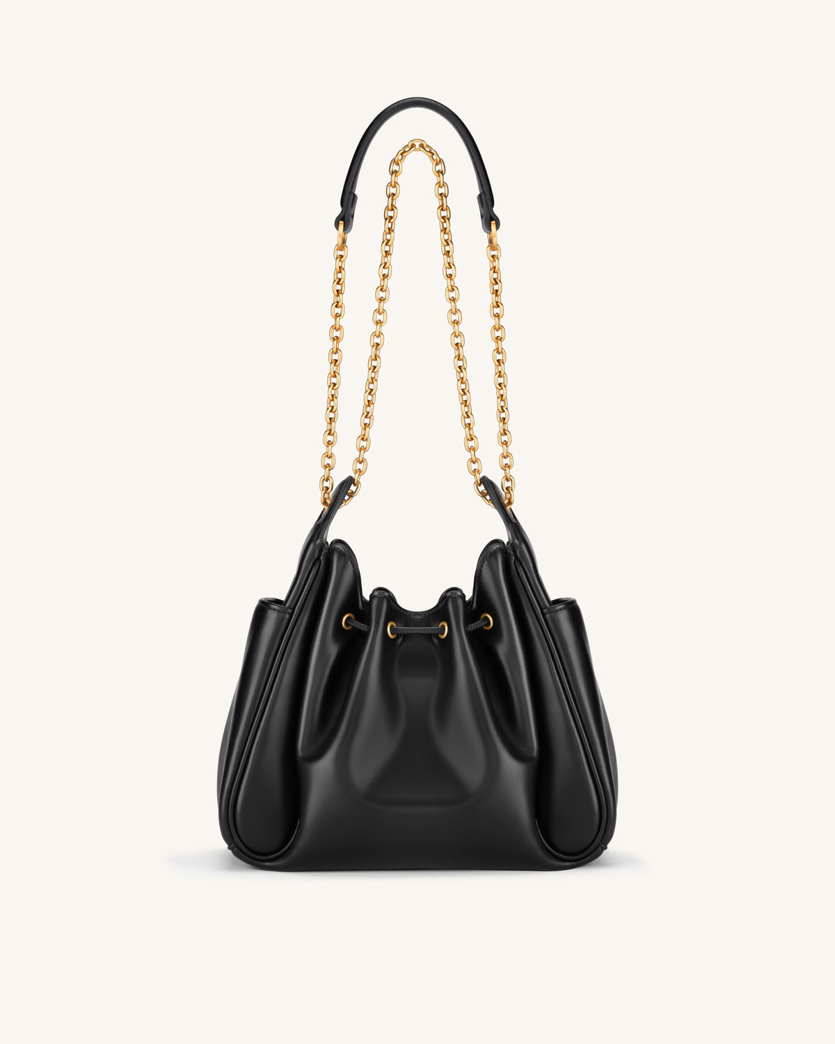 Rowan Ruched Drawstring Chain Bucket Bag - Black