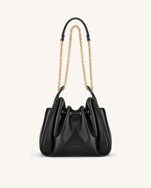 Rowan Ruched Drawstring Chain Bucket Bag - Black