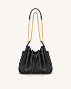 Rowan Ruched Drawstring Chain Bucket Bag - Black