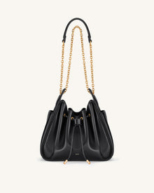 Rowan Ruched Drawstring Chain Bucket Bag - Black