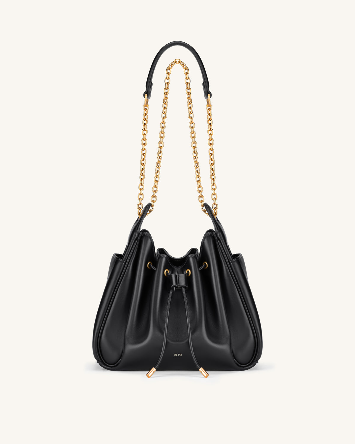 Rowan Ruched Drawstring Chain Bucket Bag - Black