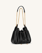 Rowan Ruched Drawstring Chain Bucket Bag - Black
