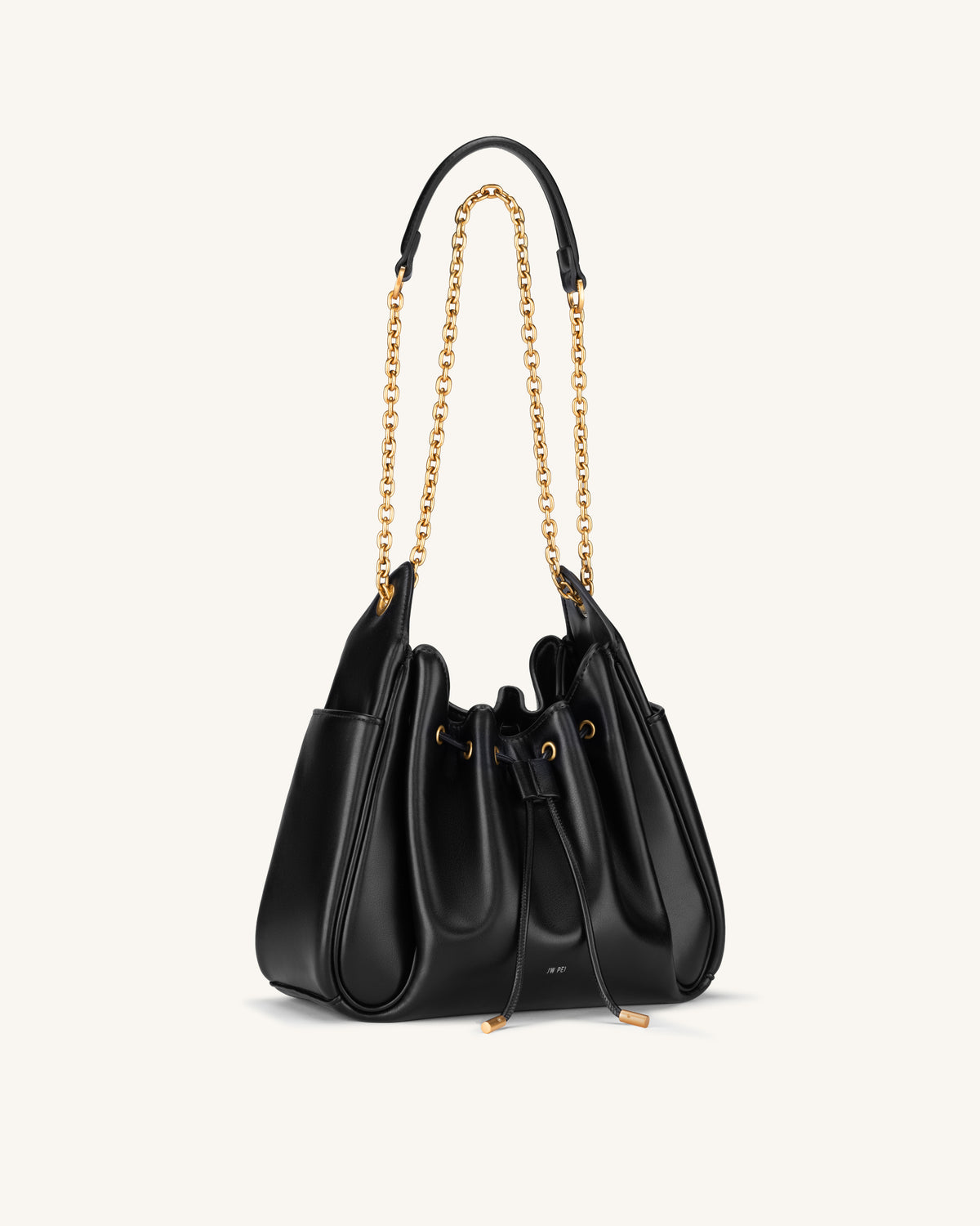 Rowan Ruched Drawstring Chain Bucket Bag - Black