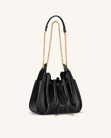 Rowan Ruched Drawstring Chain Bucket Bag - Black