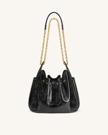 Rowan Ruched Drawstring Chain Bucket Bag - Jet Black