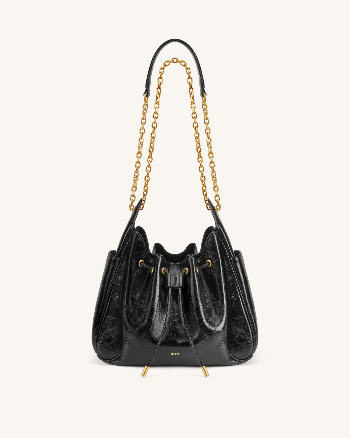 Rowan Ruched Drawstring Chain Bucket Bag - Jet Black