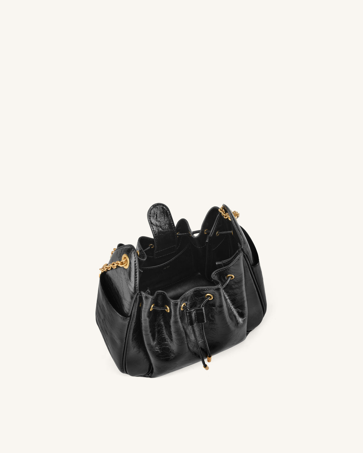 Rowan Ruched Drawstring Chain Bucket Bag - Jet Black