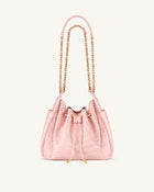 Rowan Ruched Drawstring Chain Bucket Bag - Pink Croc
