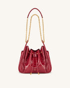 Rowan Ruched Drawstring Chain Bucket Bag - Dark Red Croc