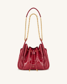 Rowan Ruched Drawstring Chain Bucket Bag - Dark Red Croc