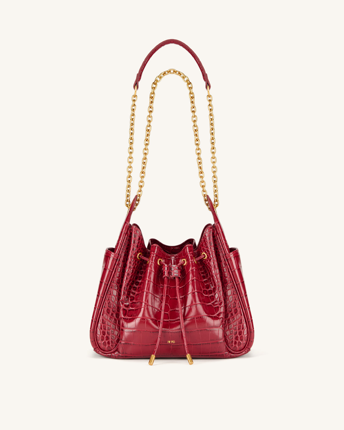 Rowan Ruched Drawstring Chain Bucket Bag - Dark Red Croc