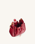 Rowan Ruched Drawstring Chain Bucket Bag - Dark Red Croc
