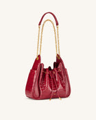 Rowan Ruched Drawstring Chain Bucket Bag - Dark Red Croc