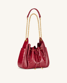 Rowan Ruched Drawstring Chain Bucket Bag - Dark Red Croc