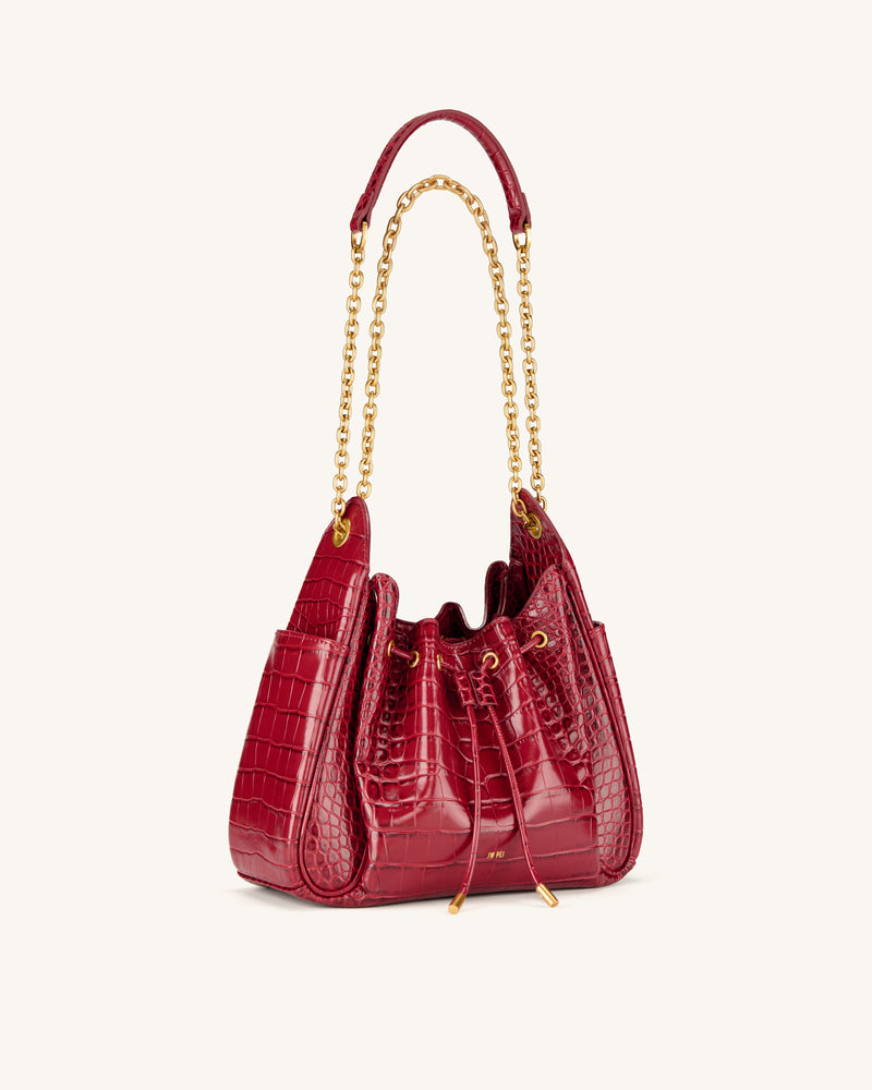 Rowan Ruched Drawstring Chain Bucket Bag - Dark Red Croc