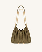 Rowan Faux Suede Quilted Chain Bucket Bag - Olive Green