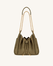 Rowan Faux Suede Quilted Chain Bucket Bag - Olive Green