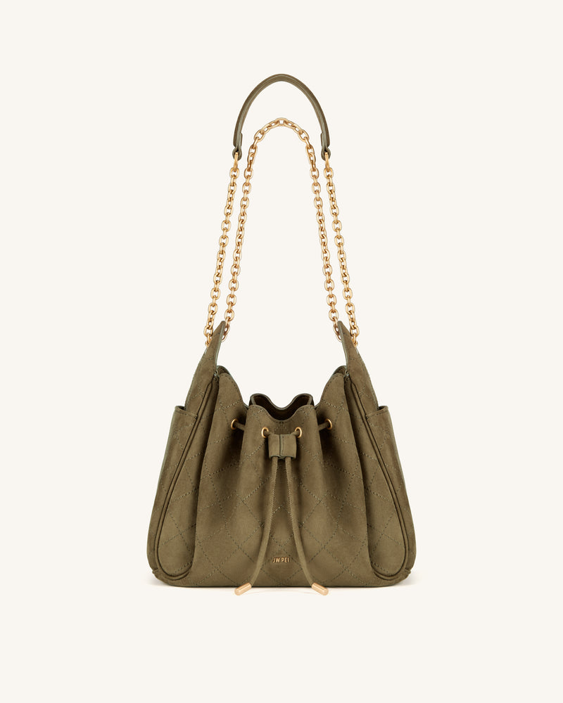 Rowan Faux Suede Quilted Chain Bucket Bag - Olive Green