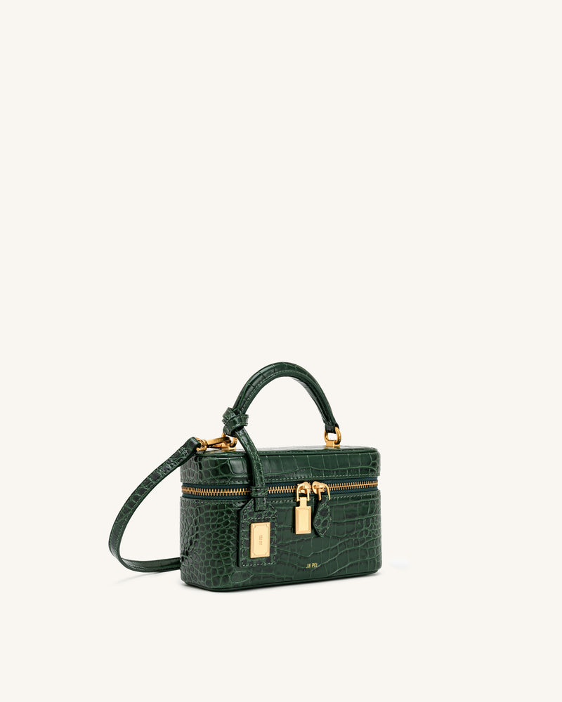 Cleo Box Shape Top Handle Bag - Forest Green Croc