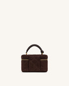 Cleo Faux Suede Box Shape Top Handle Bag - Dark Chocolate Brown