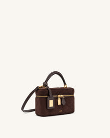 Cleo Faux Suede Box Shape Top Handle Bag - Dark Chocolate Brown