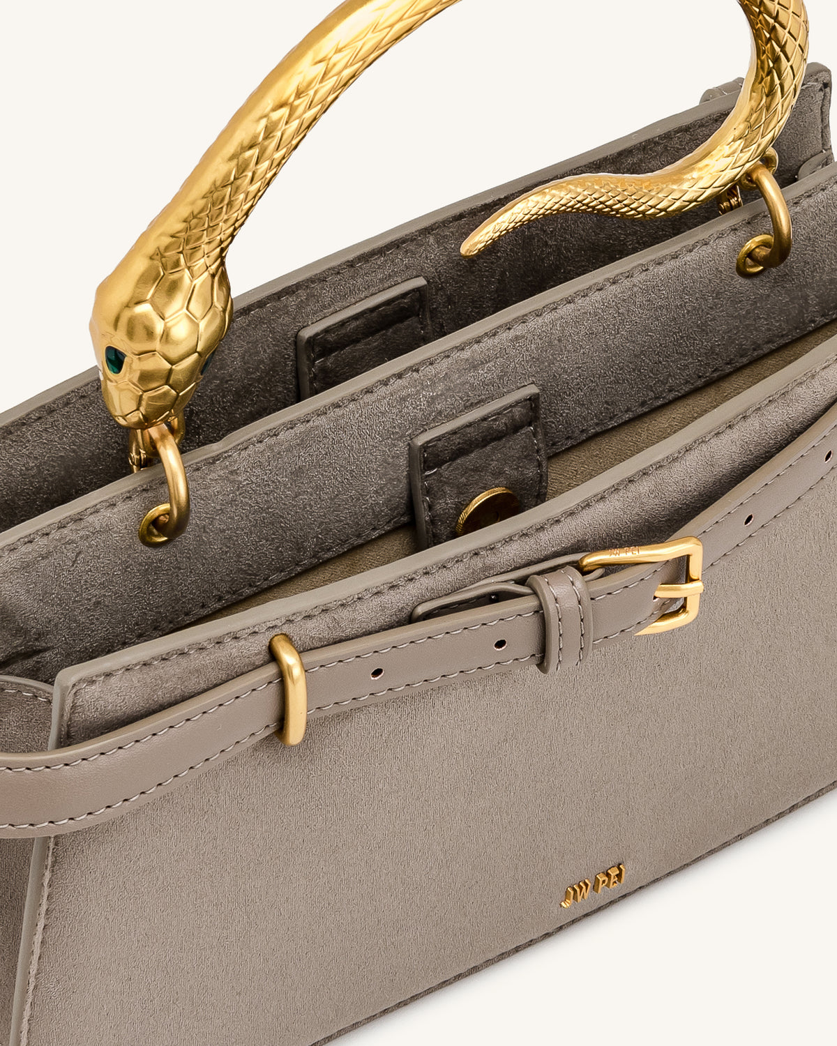 Elena Snake Handle Faux Suede Top Handle Bag - Taupe