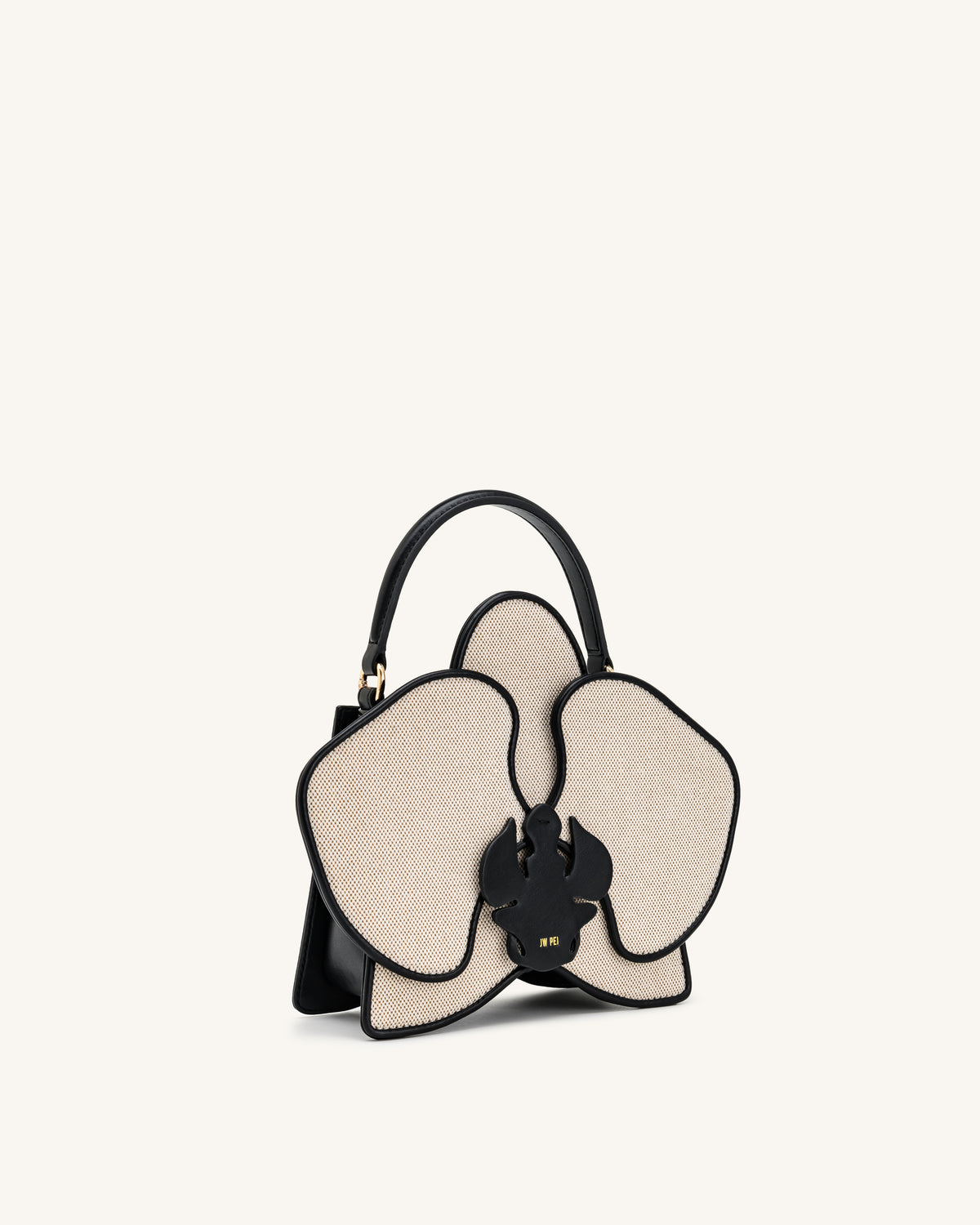 Flora Orchid Shaped Top Handle Bag - Black White Canvas