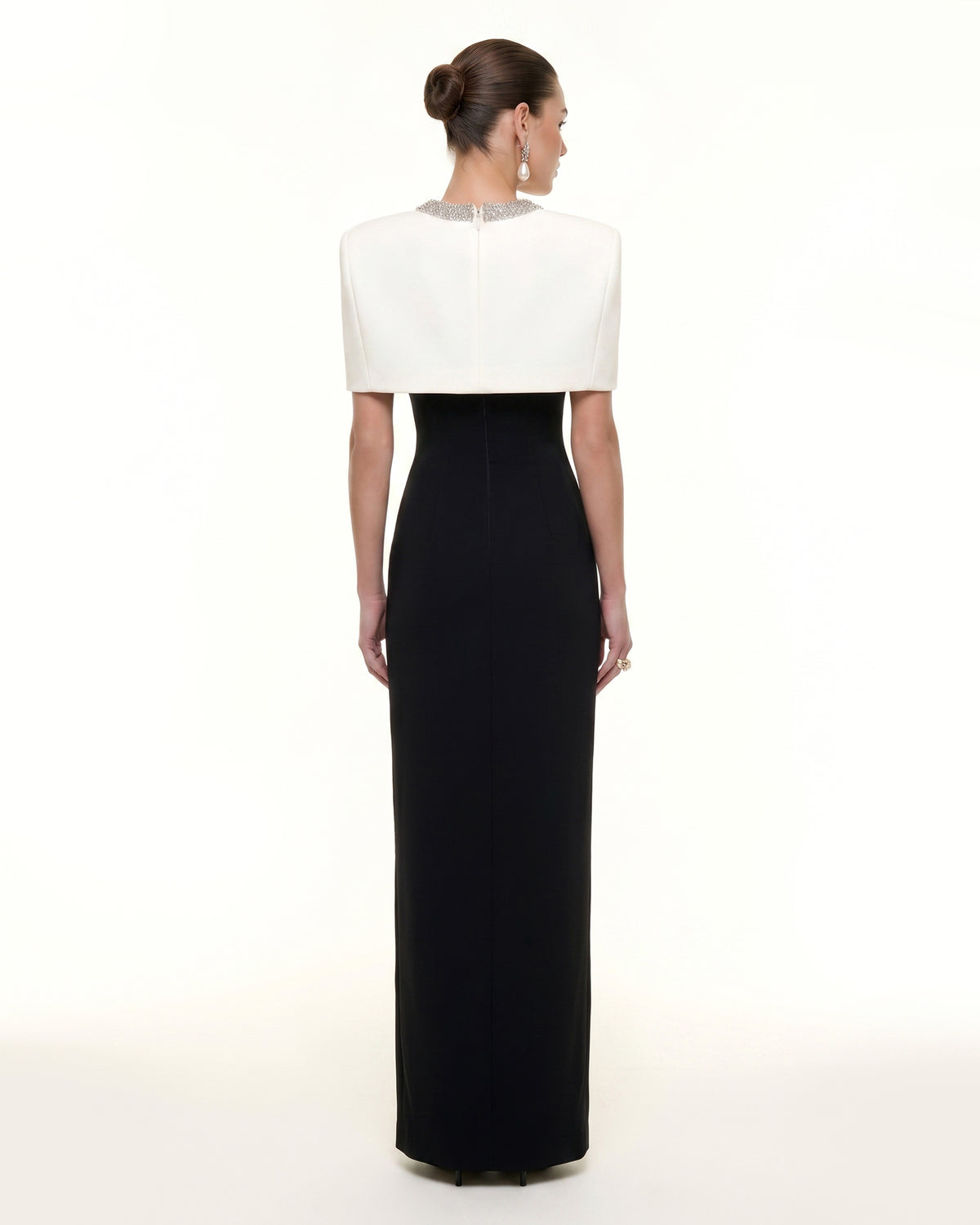 Crystal-Trim Capelet Maxi Dress - Black & Ivory