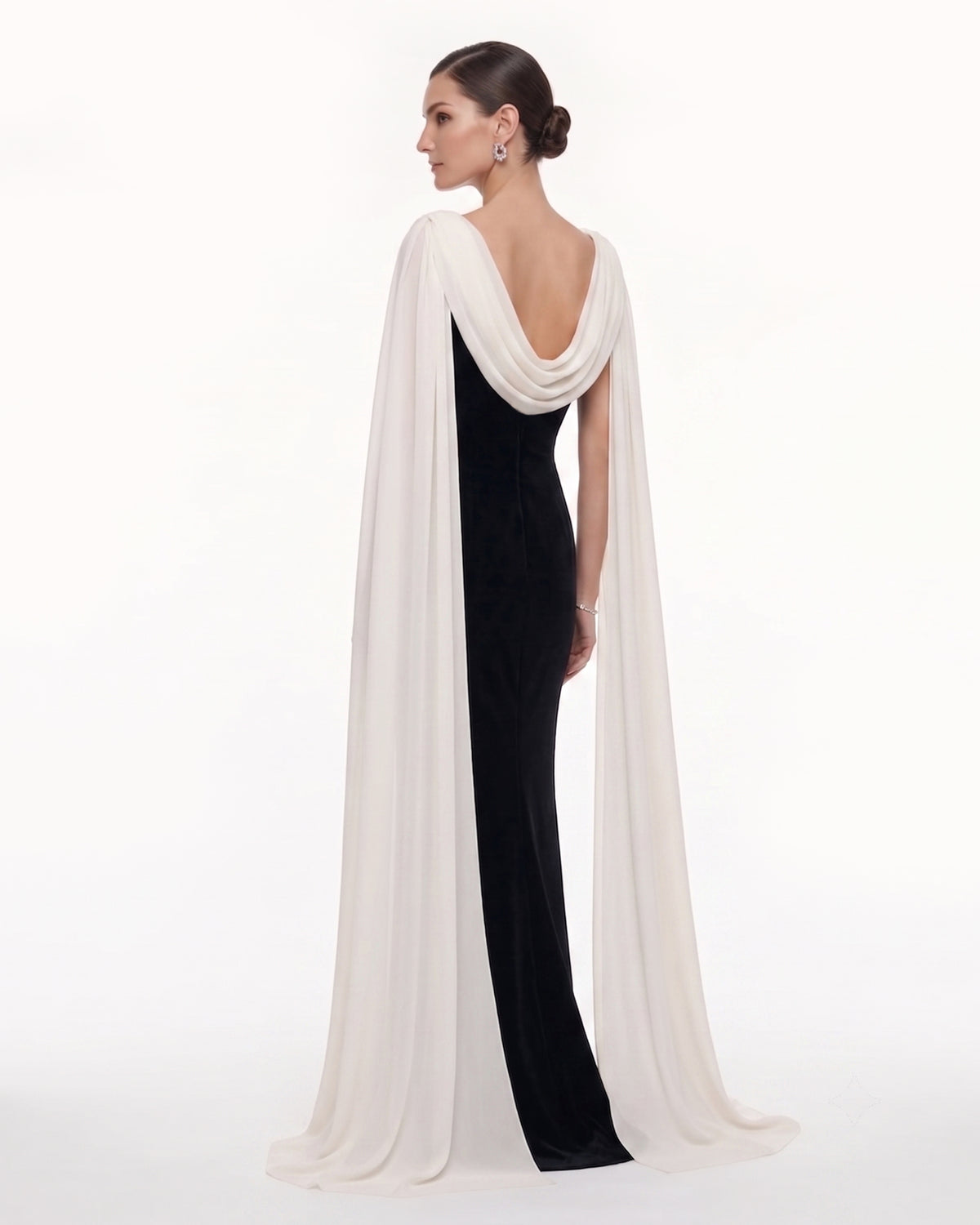 Cowl Neck Sheer Cape Maxi Gown - Black & White