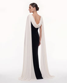 Cowl Neck Sheer Cape Maxi Gown - Black & White