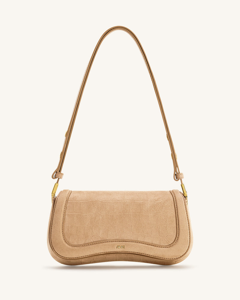 Joy Croc-Embossed Faux Suede Shoulder Bag - Beige