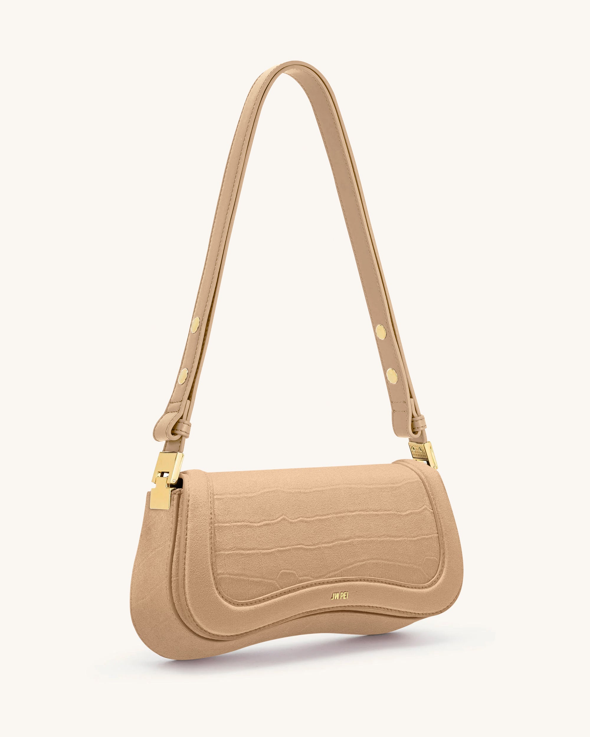 Joy Croc-Embossed Faux Suede Shoulder Bag - Beige