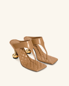 Hannah Quilted Thong Heel Mules - Khaki