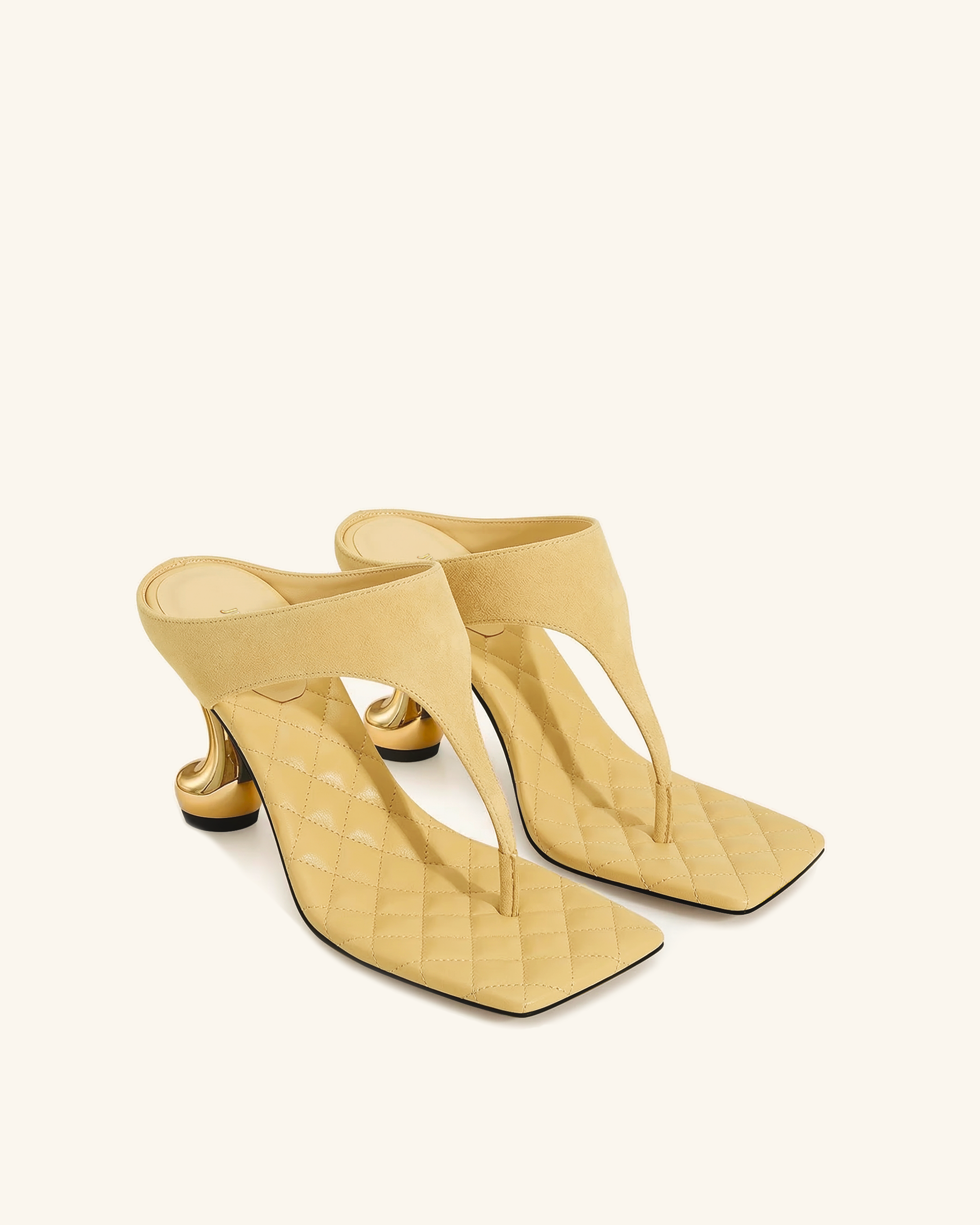 Hannah Quilted suede Thong Heel Mules - Yellow