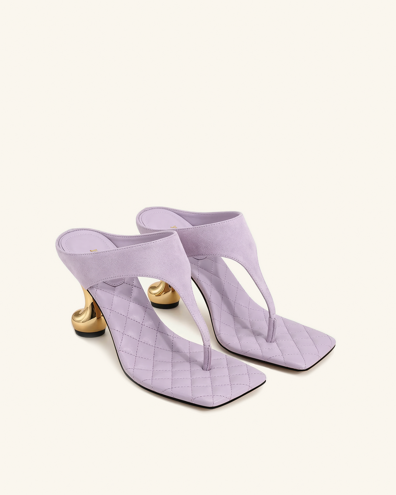 Hannah Quilted suede Thong Heel Mules - Purple