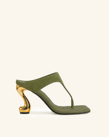 Hannah Quilted suede Thong Heel Mules - Olive Green