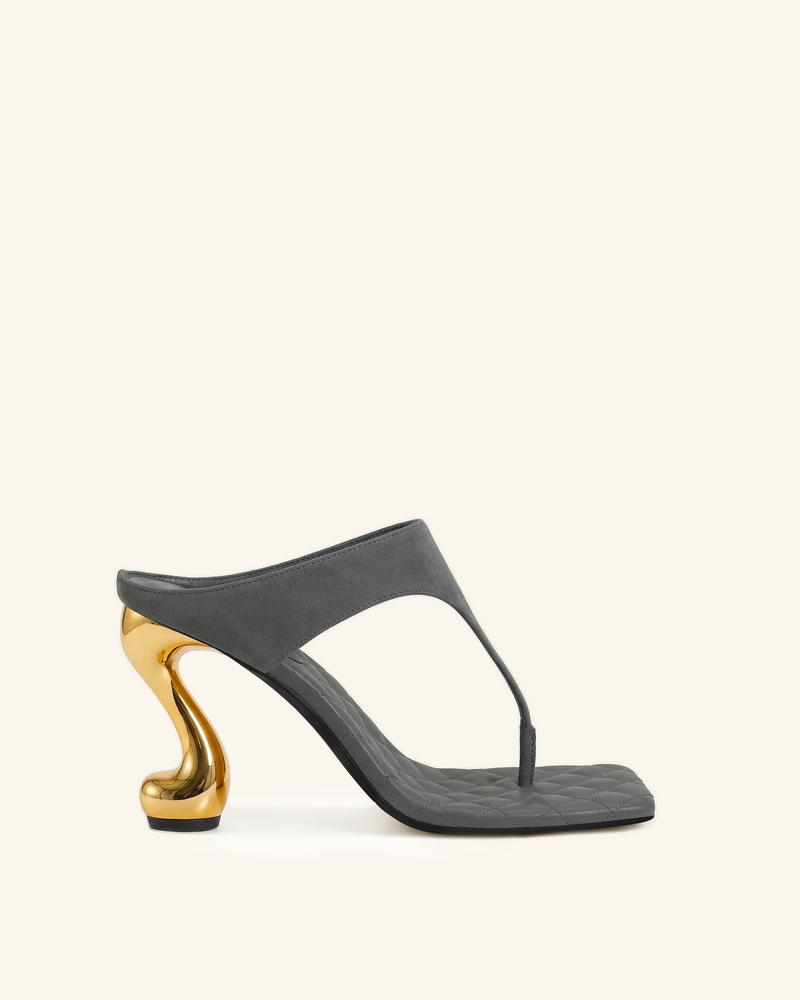 Hannah Quilted suede Thong Heel Mules - Grey