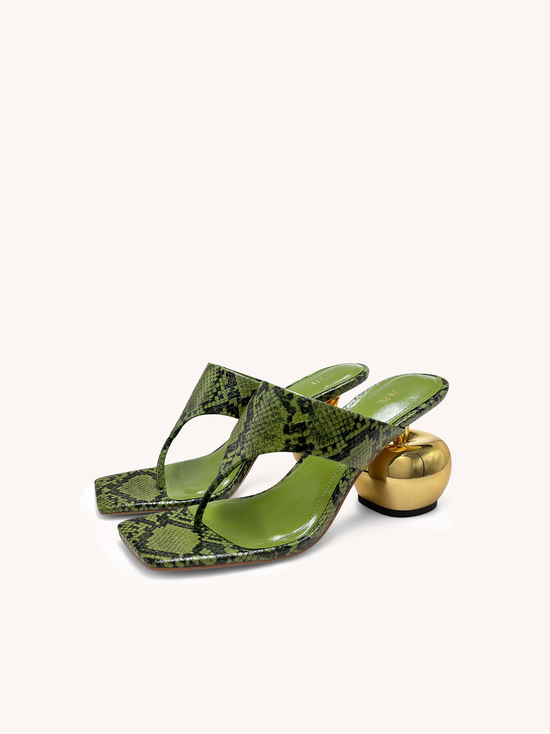 Naomi Snakeskin Heeled Flip Flops - Green