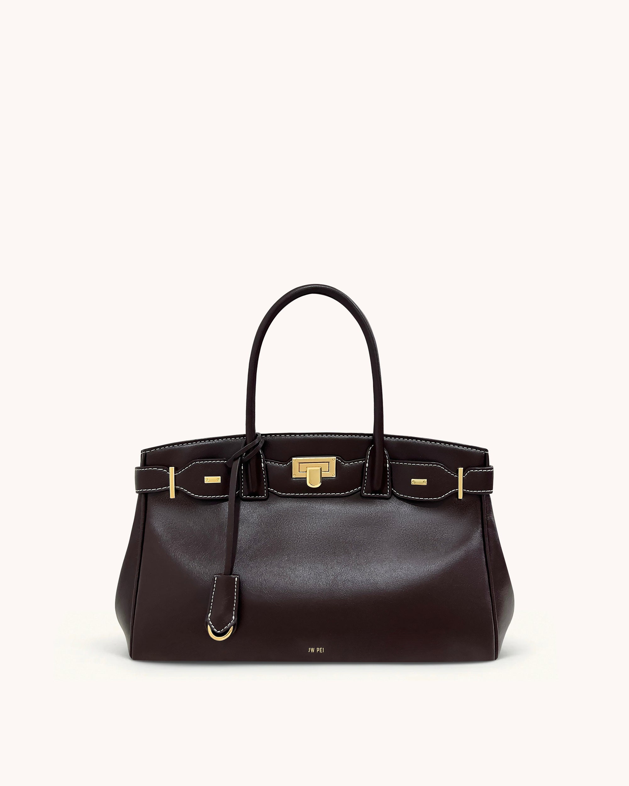 Ziva Metal Lock Decoration Tote Bag - Dark Brown