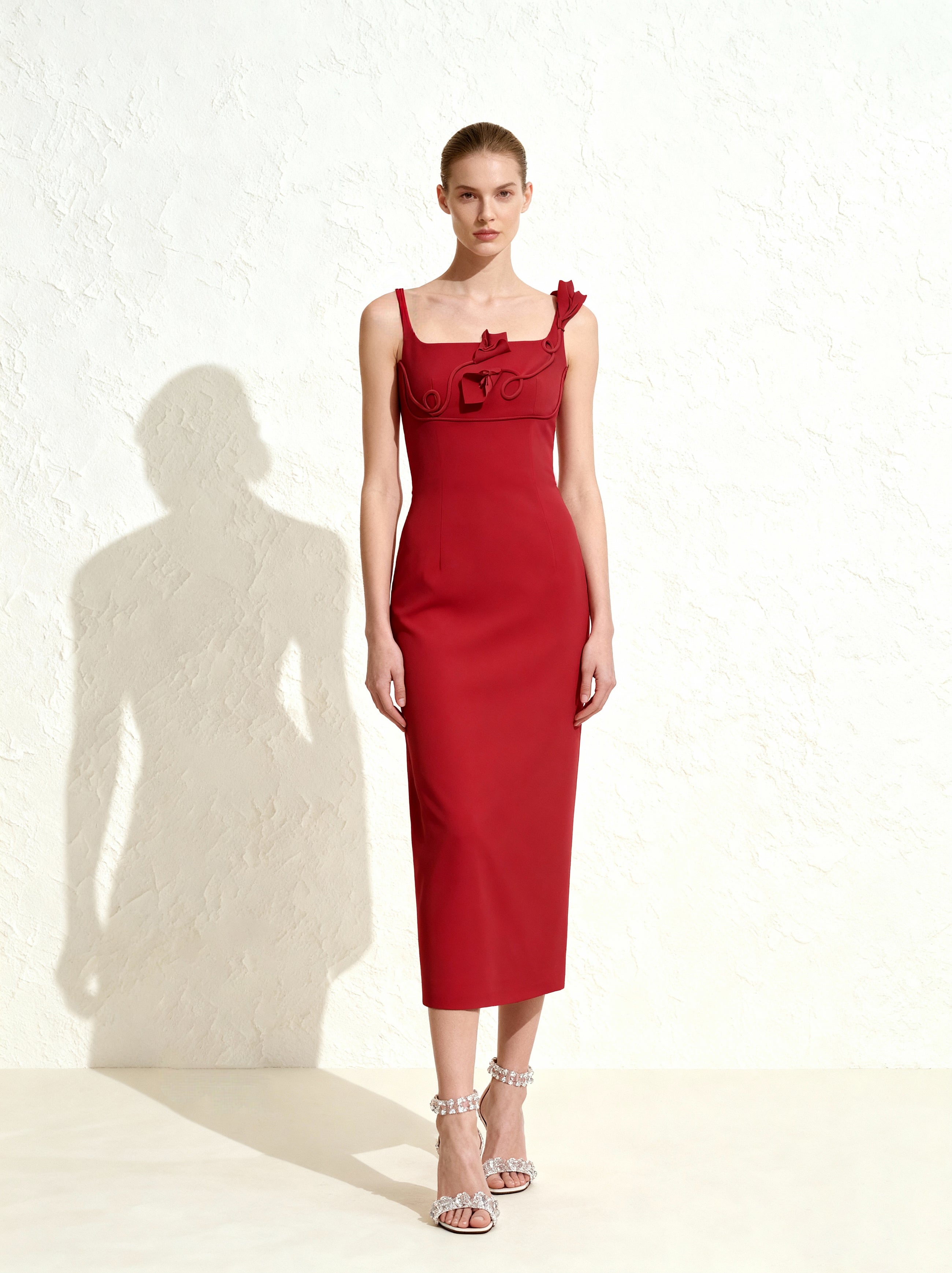 3D Floral Appliqué Square-Neck Sheath Midaxi Dress - Red